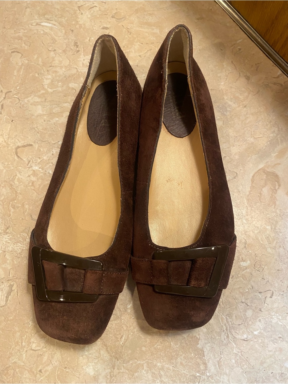 a.n.a Brown Suede Square-Toe Flats with Decorative Buckle